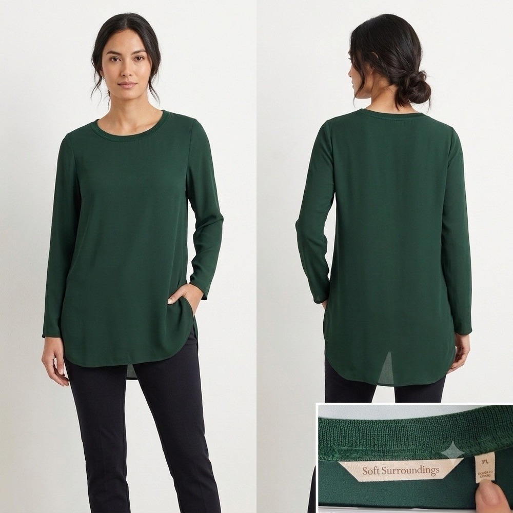 Soft Surroundings Size-L/P Womens Tunic Green Chiffon Layered Long Sleeve Flowy